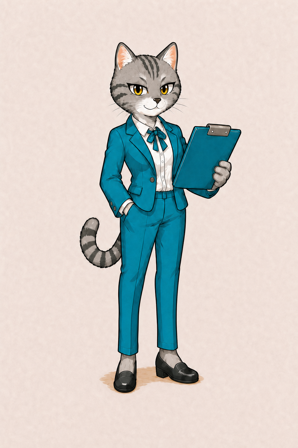 スーツ姿でクリップボードを持つトラミ助手のイラスト