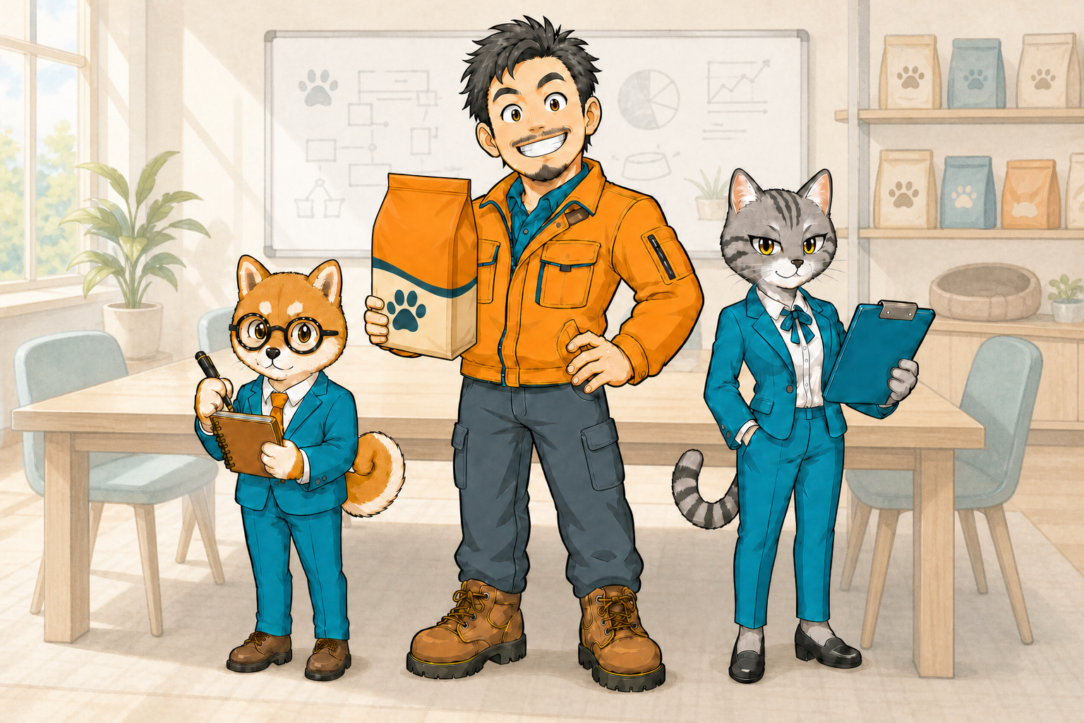 商品会議室に集まるぶっちゃけ所長、シバ丸、トラミの集合イラスト