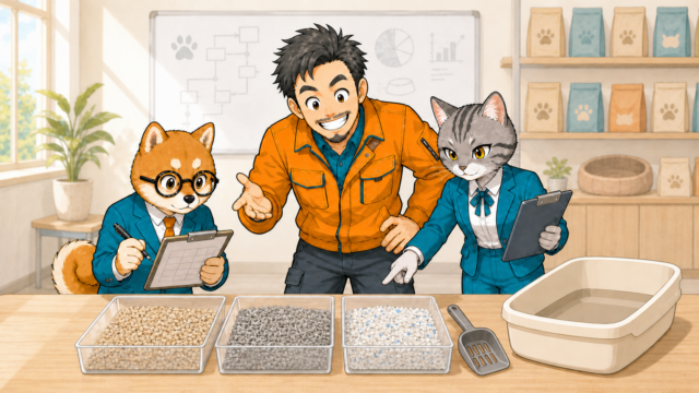 猫トイレと猫砂を比較する、所長・シバ丸・トラミの作戦会議イラスト