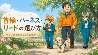 所長・シバ丸・トラミが犬用ハーネスとリードを確認しながら散歩する様子