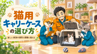 所長・シバ丸・トラミが猫用キャリーケースを確認する様子