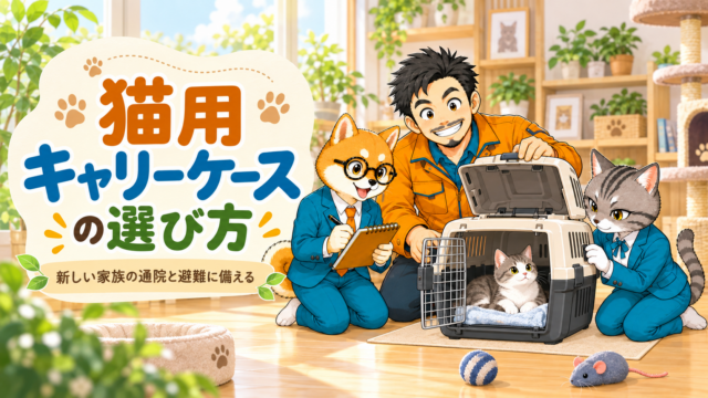 所長・シバ丸・トラミが猫用キャリーケースを確認する様子