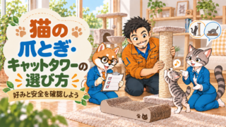 所長・シバ丸・トラミが猫用の爪とぎとキャットタワーを確認する様子