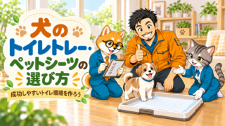 所長・シバ丸・トラミが犬用トイレトレーとペットシーツを確認する様子