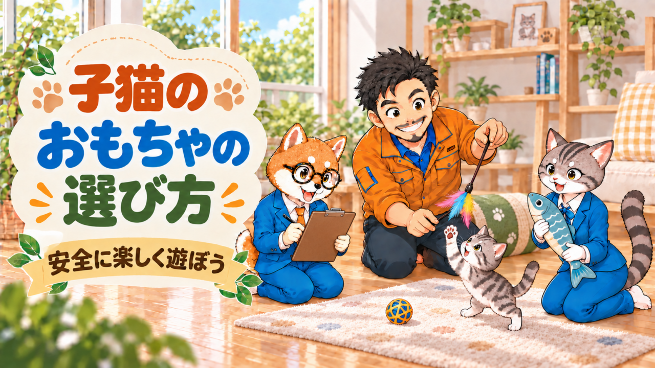 所長・シバ丸・トラミが子猫と安全なおもちゃで遊ぶ様子
