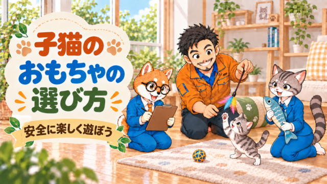 所長・シバ丸・トラミが子猫と安全なおもちゃで遊ぶ様子
